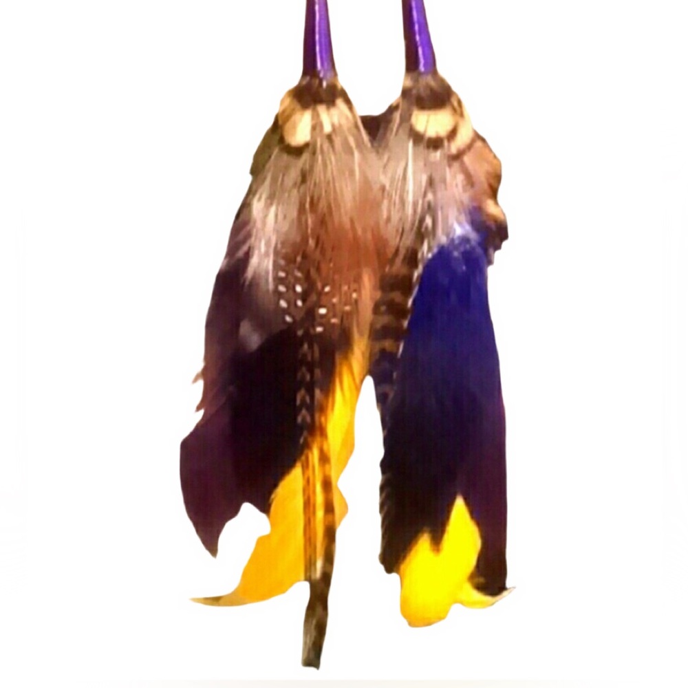 PURPLE & YELLOW LONG FEATHER STATEMENT EARRINGS